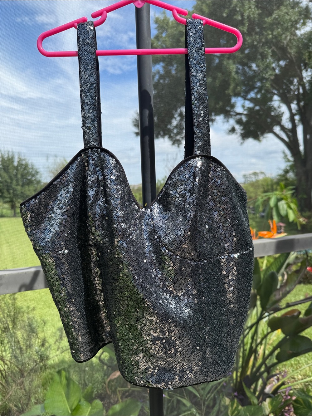 New York & Company Black Sequin Bustier Crop Top
